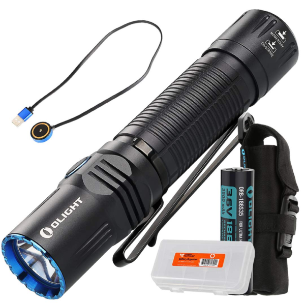 Olight M2R Warrior 1500 Lumen Magnetic USB Rechargeable LED Compact Tactical Flashlight (Cool White or Neutral White) with Lumen Tactical Battery
