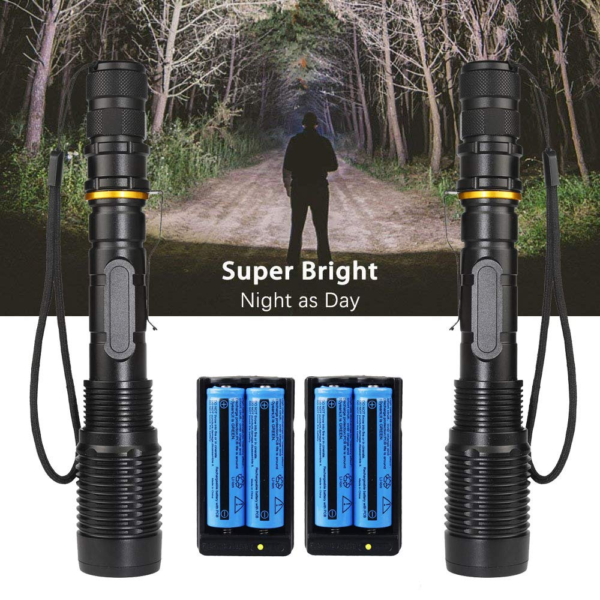 Wishdeal 2 Pack Super Bright T6 Led Flashlights High Lumens Rechargeable 5 Modes Waterproof Zoomable Tactical Flashlight Torch with Battery and